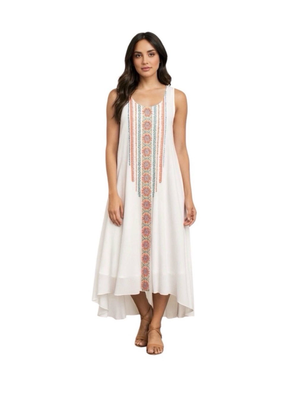 Chico's White Sleeveless High-Low Dress with Pink & Orange Embroidery